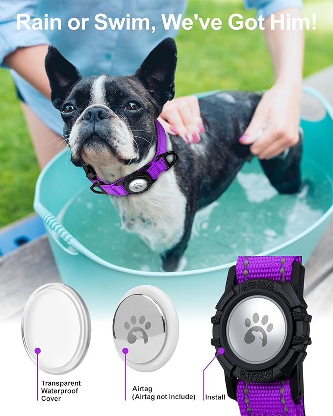 TagME Airtag Dog Collar,Waterproof Reflective Pet Collar with Airtag Holder,Soft Padded and Double D-Rings for Puppy,Purple