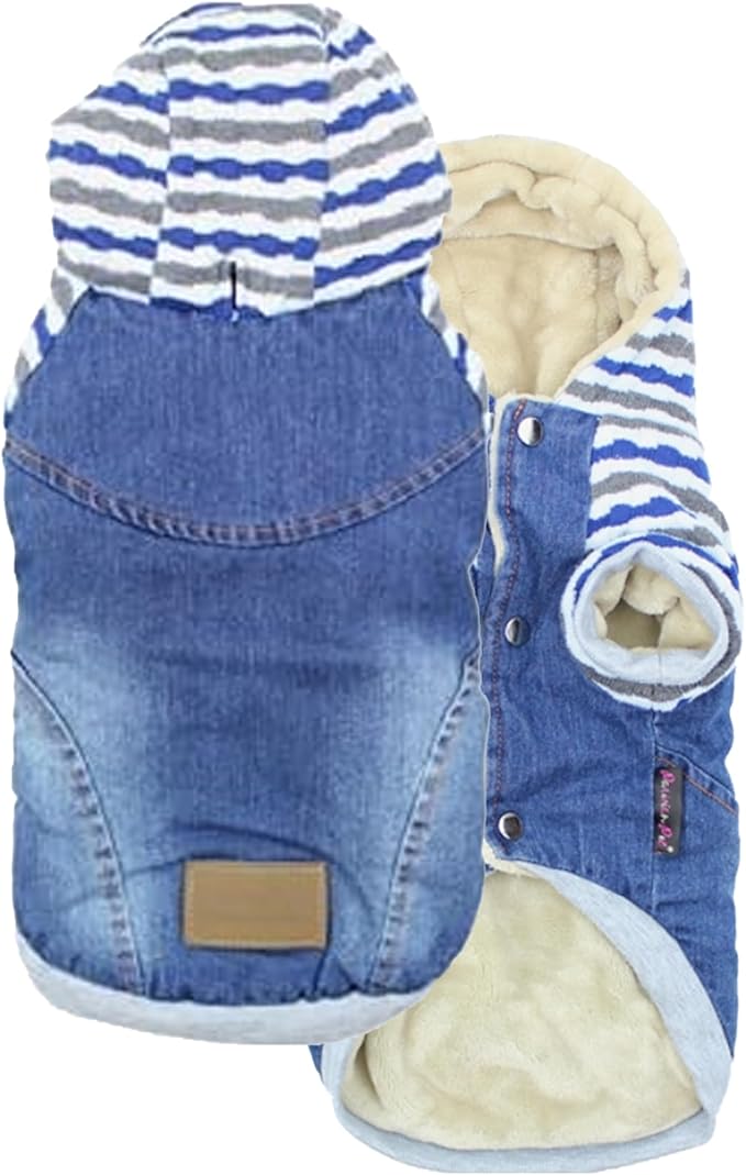 Parisian Pet Basic Dog Hoodie - Lightweight Denim Striped Sweatshirt - Pullover with Leash Hole and Pockets - Blue Cotton Dog Clothes - 2XL