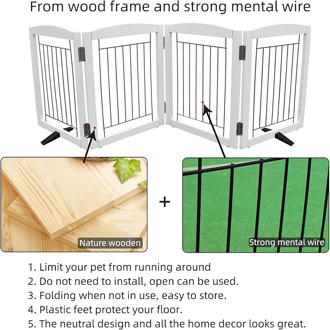 ZJSF Freestanding Dog Fence Indoor, Foldable Dog Gate for Doorways, Stairs or Hallways, Sturdy Wood Extra Wide Pet Gate with Support Feet for The House, White, 32 "Height-4 Panels
