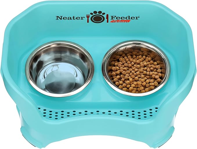 Neater Pet Brands Neater Feeder Deluxe Mess Proof Dog Bowls Elevated for Medium Dogs 19-40 lbs, Made in USA, No Spill Raised Dog Food Bowl Stand Feeding Station, Food and Water Bowl Set, Aquamarine