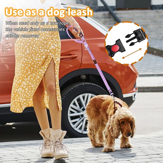 Removable Dog Seat Belt Harness for Car, 3 in 1 Pet Dog Car Seatbelt Leash, Retractable Restraint Secures to Vehicle Headrest & Adjustable Reflective Bungee Dog Seatbelt Tether, Purple