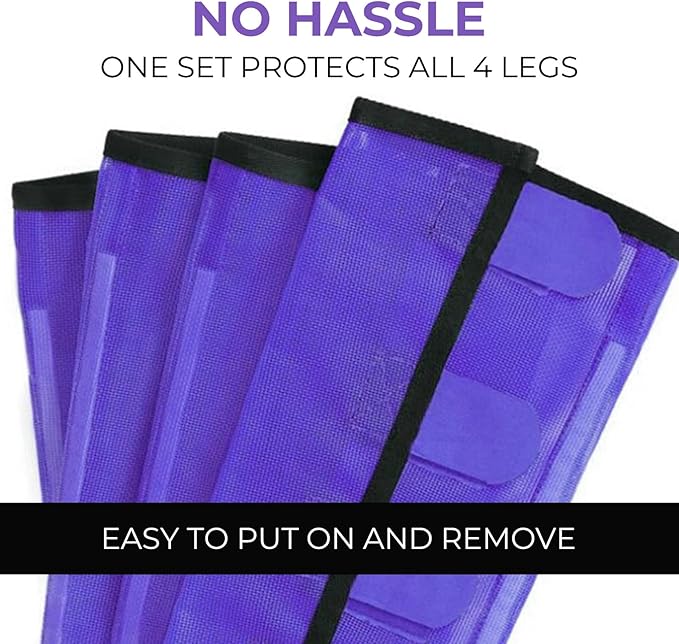 Mesh Horse Fly Boots Set of 4，Adjustable and Universal Loose Fitting & Non-Slip Horse Fly Leggings for Horses,Reduce Stressful Stomping (Purple)