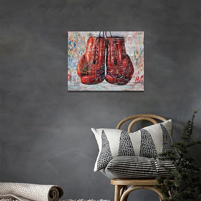 Quorin Banksy Graffiti Boxing Wall Art Red Boxing Gloves Pictures Gym Sport Wall Decor Canvas Print Painting Artwork for Gym Living Room Bedroom 12"x16"