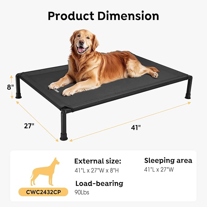 Veehoo Heavy Duty Elevated Dog Bed - Raised Dog Cot with Breathable Teslin Mesh, Non-Slip Silicon Feet, Cooling, Ideal for Indoor/Outdoor Use, 41" x 27", Black, CWC2432