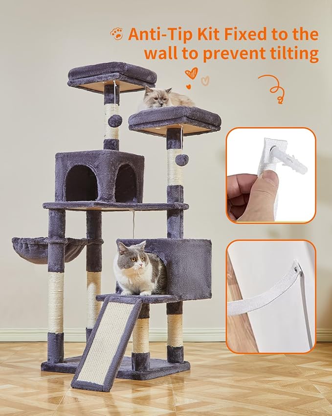 Taoqimiao 56.3-Inch Cat Tree, Cat Tower with Scratching Posts, Cat Tree House for Indoor Cats with hammocks, Toys, Condo and Large Scratch Board, Smoky Gray MS012G