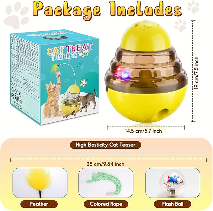 Interactive Cat Toys for Indoor Cats,Tumbler Toy for Kitten Tracking Balls Treat Dispenser for Bored Cat and Small Dogs to Chase and Exercise (Yellow)