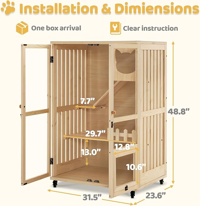 MCombo Wooden Cat Houses for Indoor Cats, Luxury Kitten House with Scratching Pad, Lockable Doors, Wheels, CT090