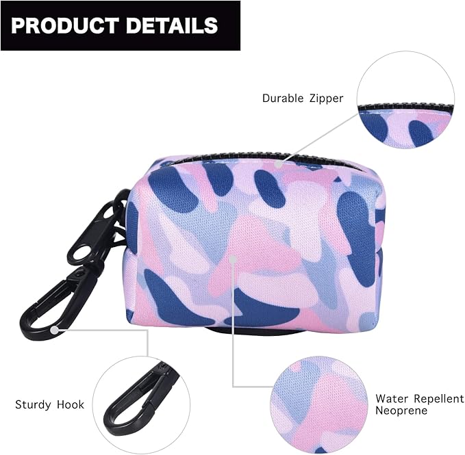 Petmolico Dog Poop Bag Holder Leash Attachment, Waste Bag Dispenser Zippered Pouch, Fits Any Leash, Includes Free Roll of Bags, 2 Pack - Blue Pink Camouflage