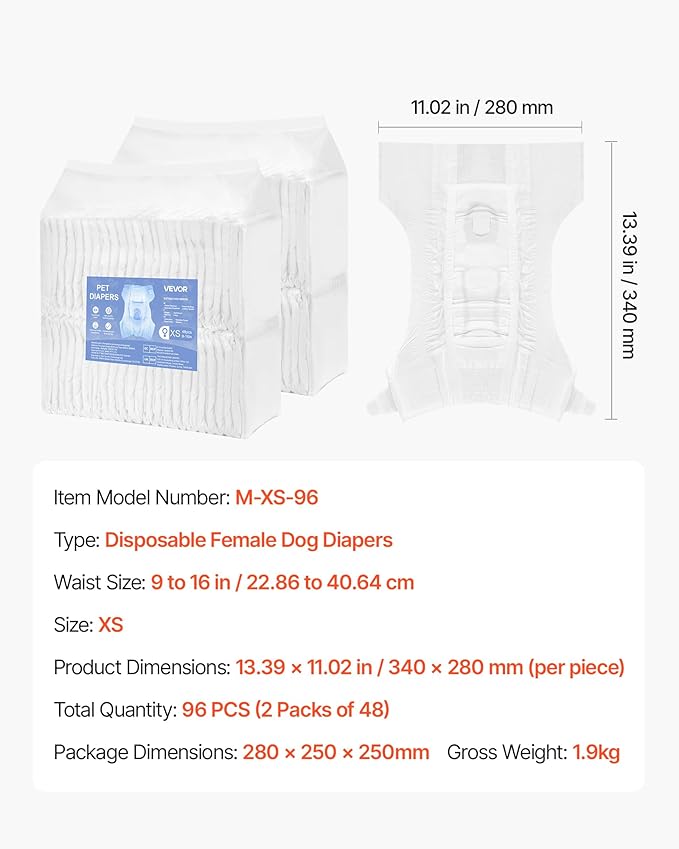 VEVOR Disposable Dog Diapers, Super Absorbent Female Dog Diapers, 360° Leak-Proof Female Doggy Pet Diaper with Wetness Indicator for Heat Period, Training, Incontinence - S, 96 Count (2 Packs of 48)