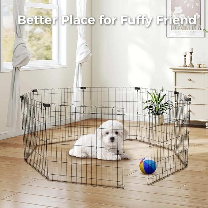 Foldable Dog Playpen 24" Height 8 Panels Metal Exercise Pen No Door - Indoor/Outdoor Puppy Playpen for Small Dogs, Portable Pet Fence for Yard Garden Camping, Black