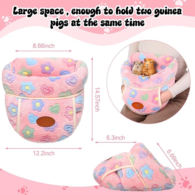Wenqik 2 Pcs Guinea Pig Bed Cuddle Warm Hideout Small Animal Sack Cozy House Bedding Sleeping Cushion Portable Pet Carrier Cage Nest for Rabbit Hamster Rat (Green, Pink,Flowers)