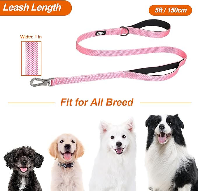 TwoEar 5FT 1IN Strong Pink Dog Leash with 2 Padded Handles, Traffic Handle Extra Control, Comfortable Soft Dual Handle, Auto Lock Hook, Reflective Walking Lead for Small Medium and Large Dogs