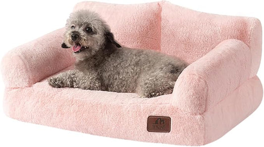 Hollypet Fluffy Plush Pet Cat Couch Soft Calming Pet Sofa Beds for Medium Small Cats and Dogs, Pink