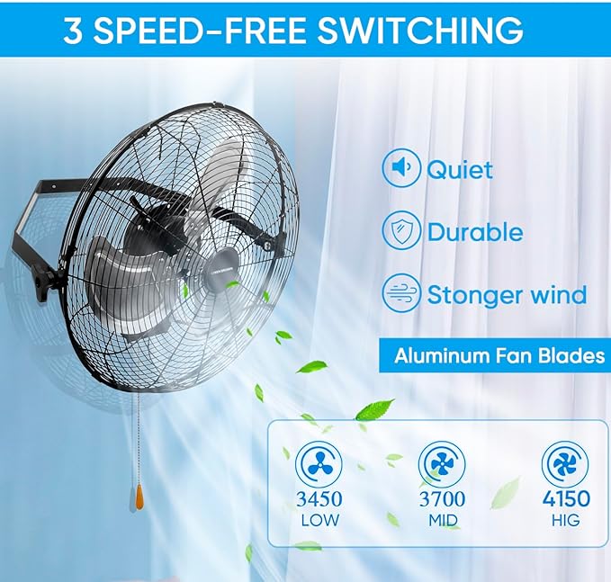 KEN BROWN 18 Inch Industrial Wall Mount Fan, 4300 CFM Metal Heavy Duty Fan, 3-Speeds High Velocity Oscillating Fans for Patios, Shop, Greenhouse, Garage, Commercial, Gazebo