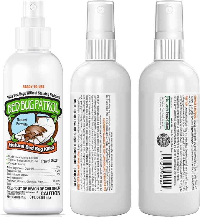 Natural Bed Bug Killer – 3 Pack (3oz Each) Travel Spray – Non-Toxic, TSA Safe, Child & Pet Friendly Formula for Airbnb, Luggage, Hotels, Rideshare, and Work Trips