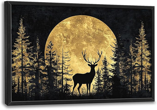 Large Moon Forest Deer Wall Art for Living Room, Black Deer Canvas Oversized Wall Decor, Elk Animal Aesthetics Framed Pictures Painting Print Artwork for Bedroom Office 36L" x 24W"