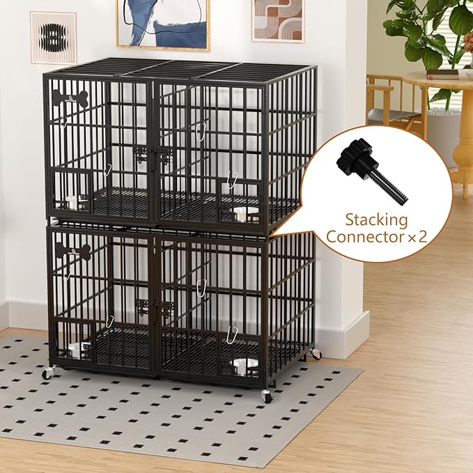 aboxoo 42 inch Stackable Heavy Duty Metal Dog Crate for 4 Dogs/Large Dog,All Metal Open Top Access,Escape Proof Cage,Dog Kennel Indoor with Wheels,Floor Grid, Tray, Divider and Feeding Bowl