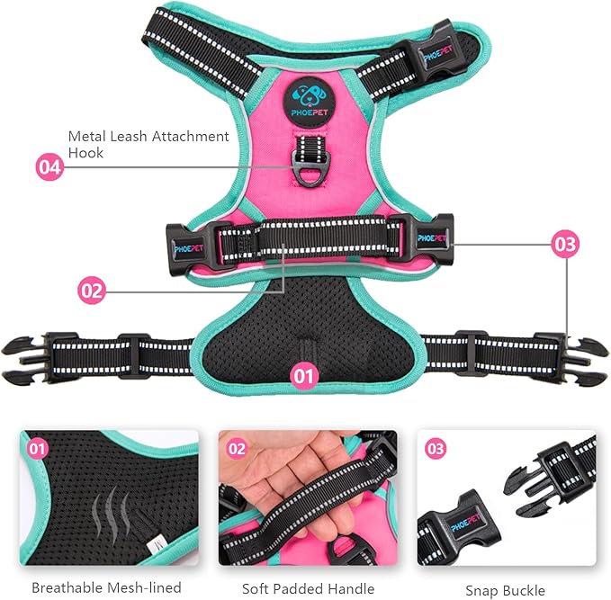 PHOEPET 2019 Upgraded No Pull Dog Harness, Reflective Adjustable Vest, with a Training Handle + 2 Metal Leash Hooks+ 3 Snap Buckles +4 Slide Buckles(L, Pink)