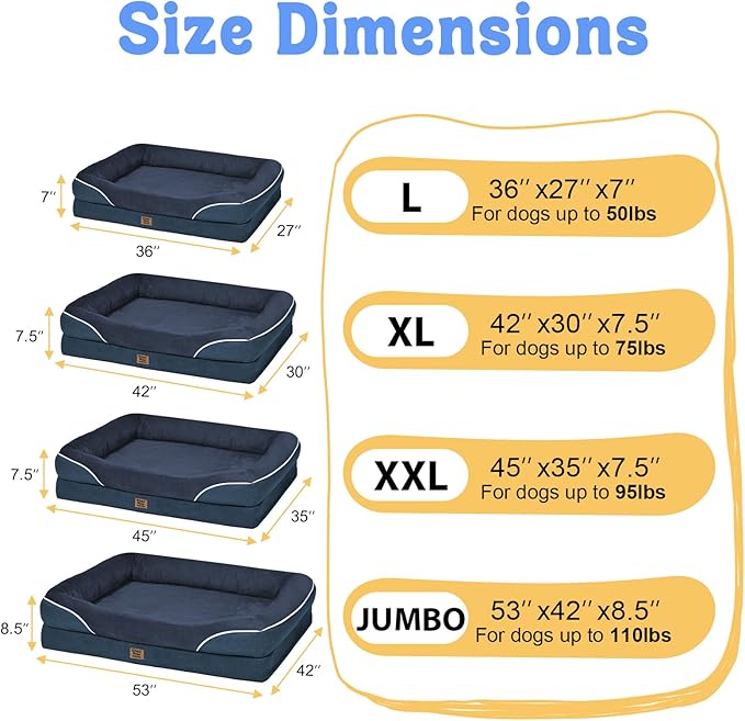 Washable Orthopedic Large Dog Bed - Extra Large Dog Bed with Bolsters Removable Orthopedic Foam Support Dogs Beds for XL Large Size Pet with Waterproof Cover Non-Slip Bottom