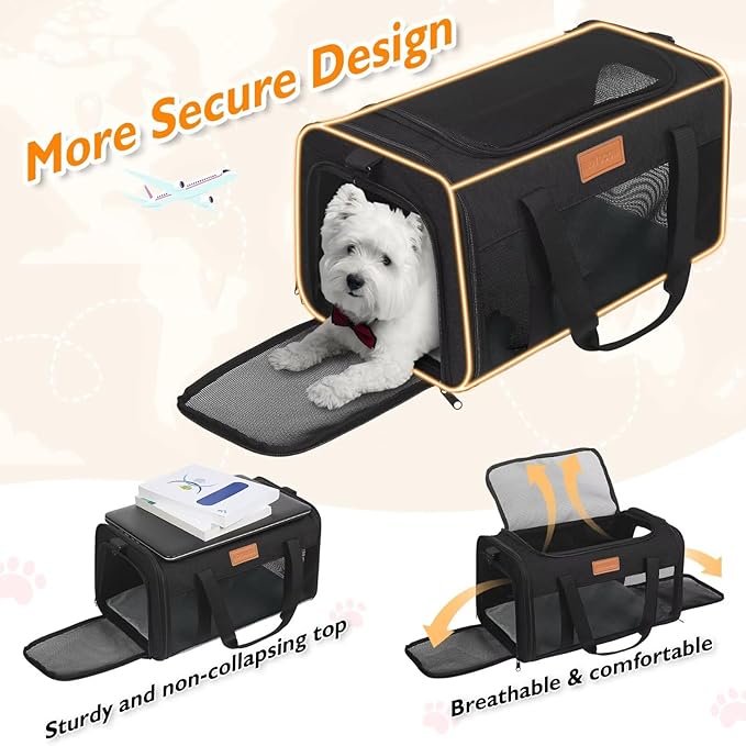 PETUX Pet Carrier Airline Approved, 17"x11"x9.5" Cat Carrier Soft with Anti-Scratch Mesh for Small Cats up to 12 lb, Top Open Portable Dog Carriers with Little Box for Puppy up to 10 lb (Black)