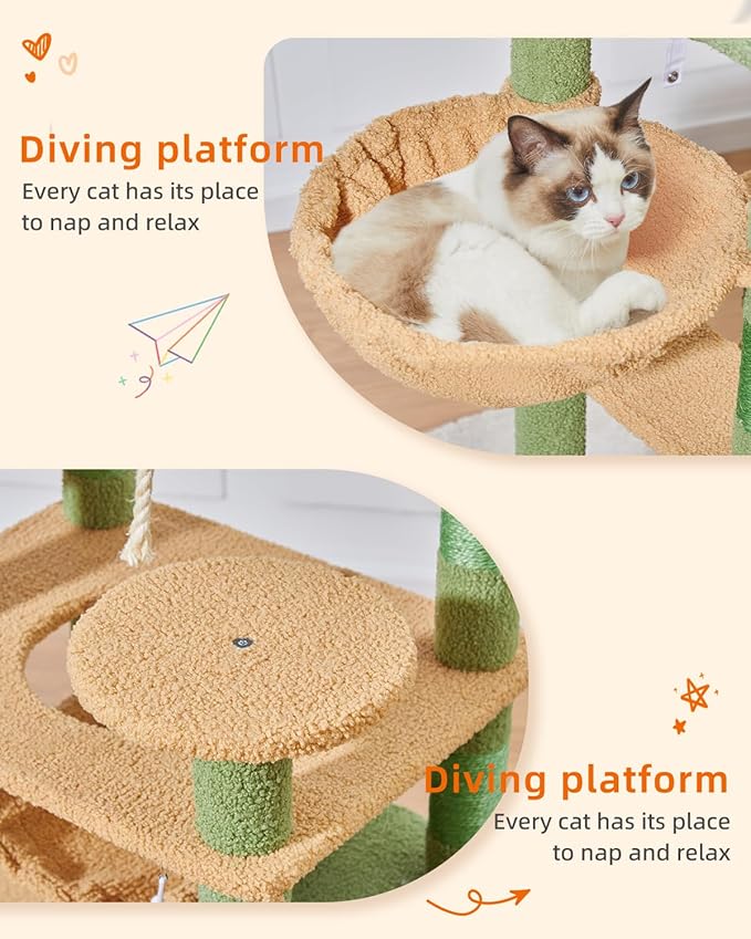 Taoqimiao Cat Tree, 71-Inch Cat Tree Cat Tower for Indoor Cats, Plush Multi-Level Cat Condo with 10 Scratching Posts, 2 Perches,Basket, 2 Caves,Hammock, 2 Pompoms,MS020T Cactus