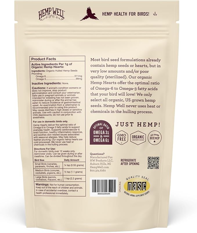 Hemp Well Organic Hemp Hearts –Reduces Feather Plucking, Promotes Relaxation, Immune Support, Organically Sourced, USA Grown, GMO Free – 1 Pound Bag