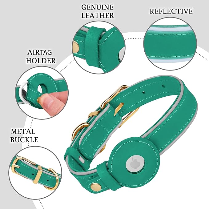 OOPSDOGGY Reflective Geniune Leather Airtag Dog Collar Soft Padded Collars for Small Medium Large Breed Dogs Puppy, 4 Sizes, 7 Colors (Teal, Large, 15"-19")