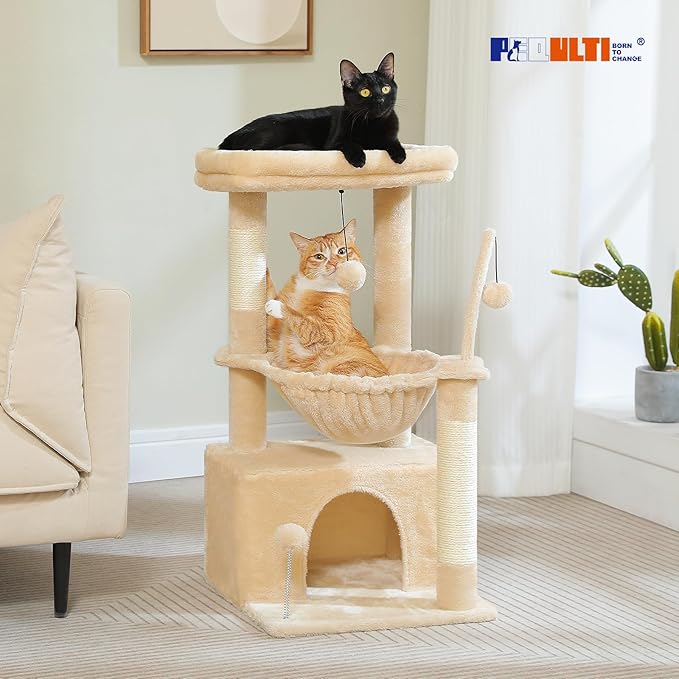 PEQULTI 4-in-1 Cat Tree, 33'' Cat Tower for Indoor Cats with Large Cat Condo, Scratching Post for Cats with Deep Hammock& Cozy Top Perch, Beige
