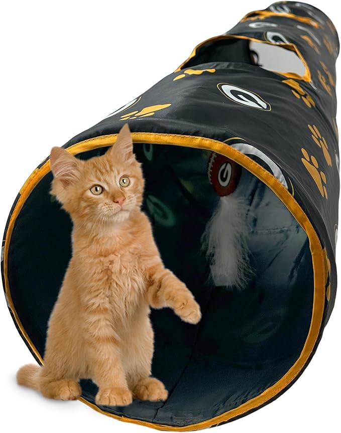 NFL Green Bay Packers Cat Tunnel Tube Toy with Plush Football Catnip and Feathers Collapsible Tunnel for Cats to Play, Peek and Hide, Sporty & Fun Cat Tunnel Toy with Team Logo All-Over Design!