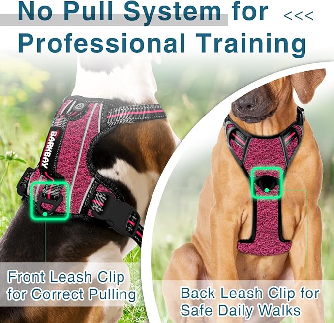 BARKBAY Dog Harness No Pull with ID Tag Pocket - Heavy Duty, Reflective, Easy Control for Large Dogs(Pink/Black,XL)