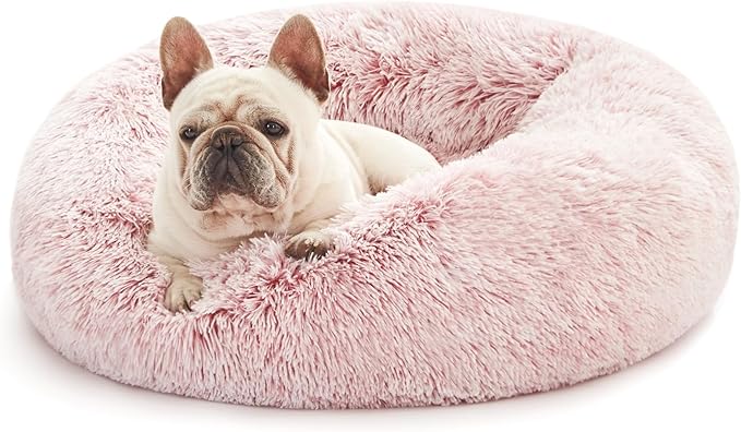 Love's cabin Calming Cat Bed for Indoor Cats, Anti-Anxiety Donut Round Dog Bed, Fluffy Faux Fur Washable Pet Bed for Small Medium Dogs and Cats,Pink,20in