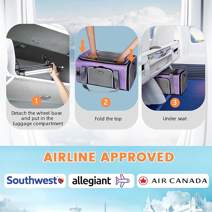 Petskd Top-Expandable Pet Carrier with Wheels 19x13x9 Inches Southwest Allegiant Airlines Approved, Soft-Sided Carrier for Small Dog Under 12 lbs and Large Cat Under 15 lbs(Purple)