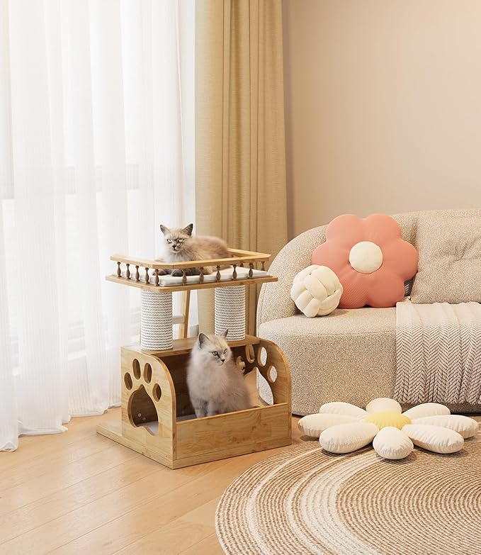 Modern Solid Wooden Cat Tree Tower, 25" Luxury Cats Trees Condo with Scratching Post, 2 Level Heavy Duty for Cat Tower Indoor Cats Adults, Natural Cats Tree House with Washable Cushions