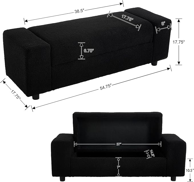 Teddy Storage Ottoman Bench for Bedroom, Comfy Boucle End of Bed Bench with Large Hidden Storgae Space, 55 inches Window Bench for Living Room/Reception Room/Mudroom, Black