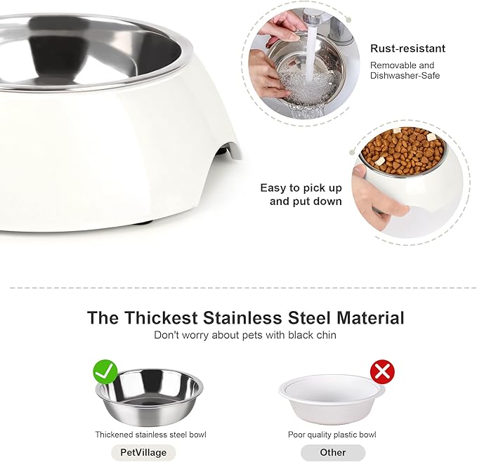 Stainless Steel Dog Bowls Set – Dual Non-Slip Pet Dishes with 2 Small (4oz*2) Bowls & Durable Resin Stand,Food & Water Feeder for Puppies, Kittens, and Small Breed Dogs– White