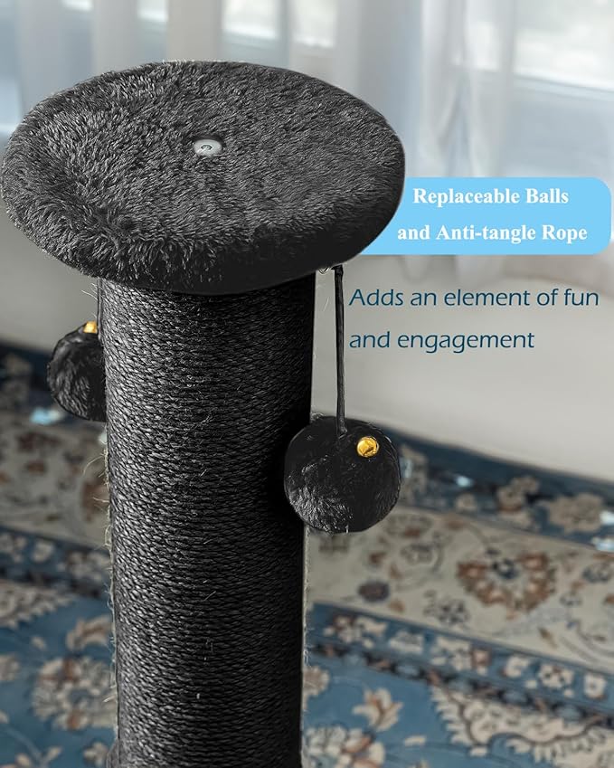 Kilodor 34Inch Tall Cat Scratching Post,4.3Inch Diameter Large Sisal Cat Scratch Post with Ball, Sturdy and Durable Cat Scratcher for Indoor Cats Adults Black