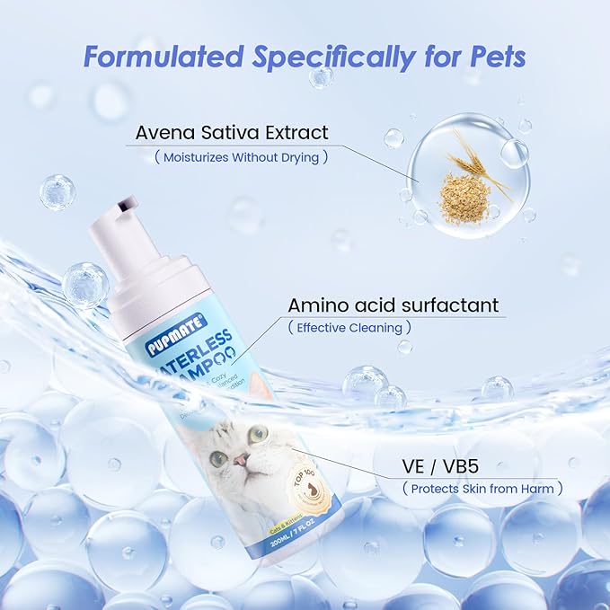Cat Waterless Shampoo with Brush - No Rinse Formula for Quick Clean Between Baths, Hypoallergenic & Detangling, Reduce Itchy Skin Shedding, Vet-Recommended for Kittens/Senior Cats, Coconut Scent