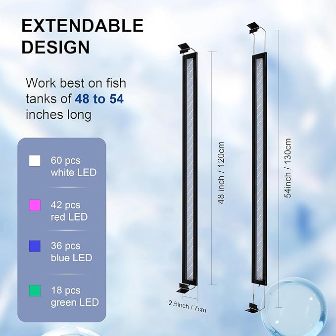 Led Aquarium Light, Full Spectrum Fish Tank Lights, 55/75 Gallon Freshwater Fishtank Hood Lighting for Grow Fish, Plants, Adjustable from 48 to 54 Inch