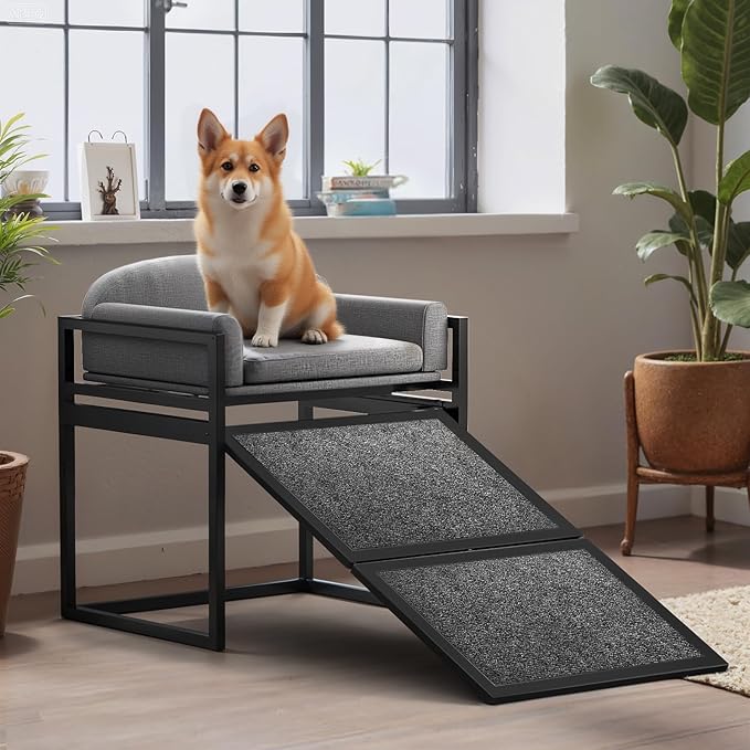 Dog Ramp Doggie Stairs with Seat Mate,Puppy Chair Get on High Bed Couch Office Window Perch,Non Slip Dachshunds Foldable Ladder,Pet Doggy Step for Small Old Dogs,Chihuahua Cat Platform Grey