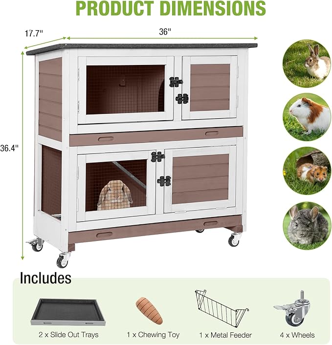 GUTINNEEN Rabbit Hutch Indoor with Chew-Proof Design, Wooden Bunny Cage Guinea Pig Cages with Lockable Wheels, Leak-Proof Trays for 1-3 Rabbits, Guinea Pigs, Small Animals (Brown)