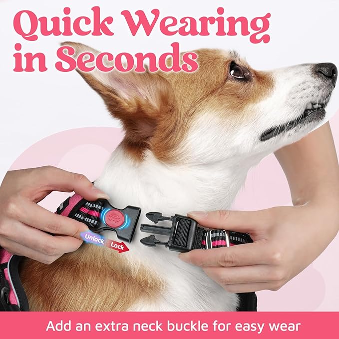 rabbitgoo Dog Harness for Large Dogs, No Pull Pet Vest with 3 Buckles, Adjustable Soft Padded Pet Harness with Easy Control Handle and Reflective Strips, Pink, L