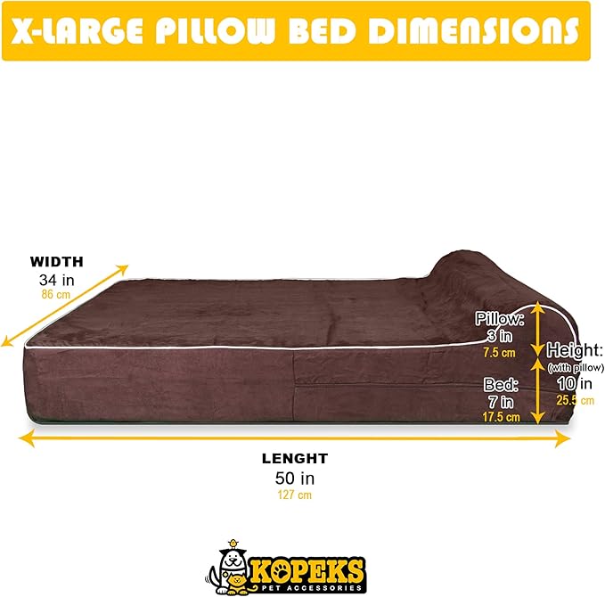 KOPEKS Orthopedic Memory Foam Dog Bed 7" Inch Thick Extra Large Dog Bed With Pillow Brown 50"x34"x10" Includes Waterproof Liner & Durable Removable Cover With Smart Design
