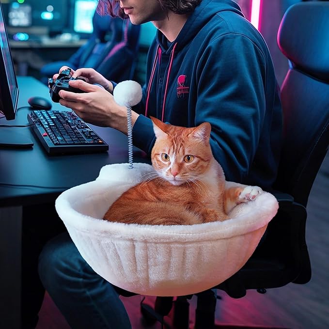PAWZ Road Cat Bed for Desk with Interactive Plush Ball, 12 Inches in Diameter,Space-Saving Cat Desk Bed, White Cats Hammock for Table Supports Up to 40lbs, Medium