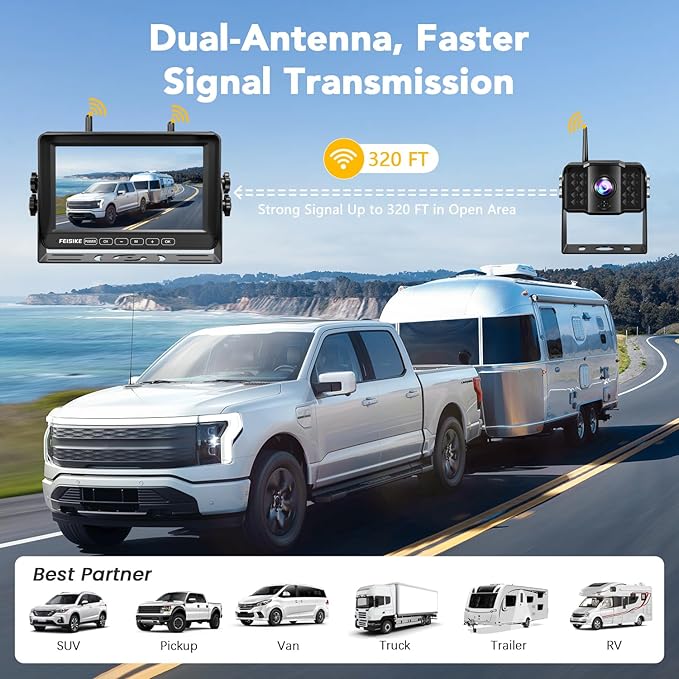 Dual RV Backup Camera Wireless with 7" 1080P Monitor, for Furrion Pre-Wired RVs, 4-Channel Split Screen System, Loop Recording, IR Night Vision, Wide Rear View Camera for Truck, Trailer, Camper