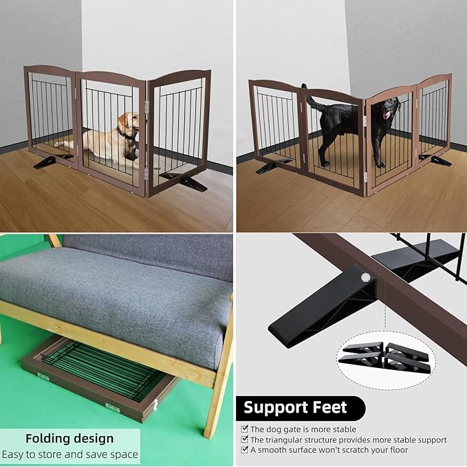ZJSF Freestanding Dog Fence Indoor, Foldable Dog Gate for Doorways, Stairs or Hallways, Sturdy Wood Extra Wide Pet Gate with Support Feet for The House, Brown, 24 "Height-3 Panels