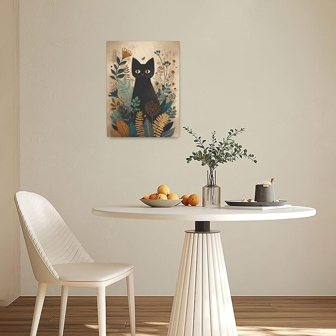 Boho Black Cat Wall Art Kitten Botanical Wall Decor Mid Century Modern Canvas Painting Print Minimalist Pictures Artwork Framed Decorations Gifts for Cat Lover Bathroom Nursery Living Room Bedroom Kitchen 12"x16"