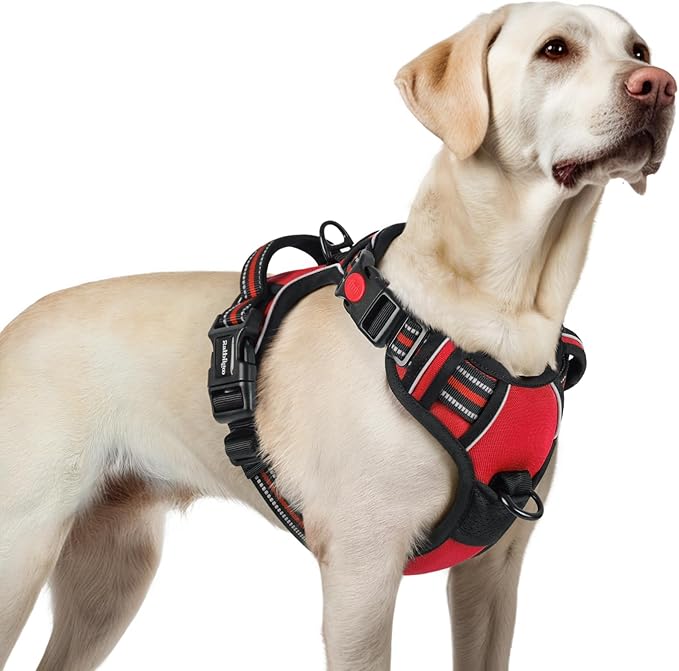 rabbitgoo Dog Harness for Large, No Pull Pet Harness with 3 Buckles, Adjustable Soft Padded Vest with Control Handle, Walking Reflective Pet Vest for Large Dogs, Red, L