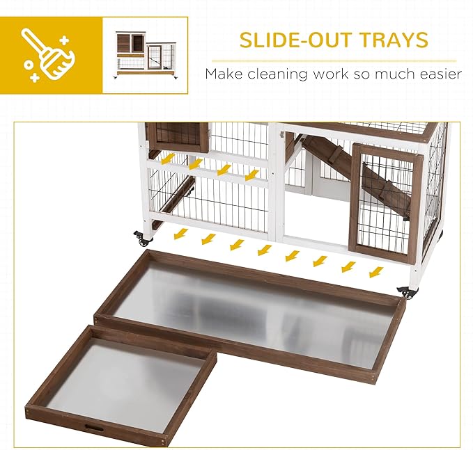 PawHut Wooden Rabbit Hutch Elevated Bunny Cage Indoor Small Animal Habitat with Enclosed Run with Wheels, Ramp, Removable Tray Ideal for Guinea Pigs, Brown