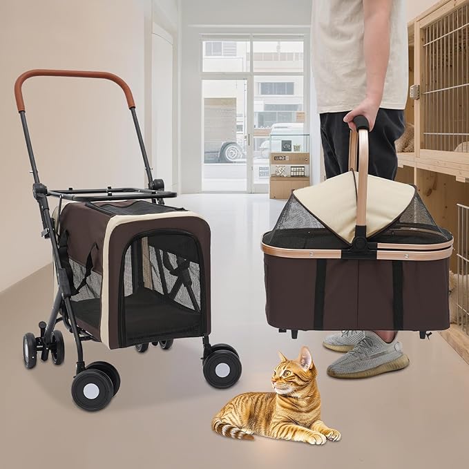 Foldable Pet Stroller for Small & Medium Dogs, Double Dog & Cat Stroller with 3-in-1 Travel System, Detachable Pet Carrier with Wheels for Cats and Dogs up to 77 lbs, Coffee Color