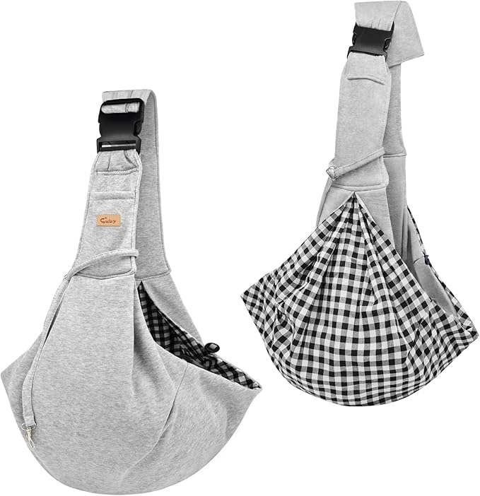 CUBY Dog and Cat Sling Carrier, Hands Free Reversible Pet Papoose Bag, Soft Pouch Adjustable, Suitable for Puppy Cats for Outdoor Travel (Grey, M-Adjustable Strap)